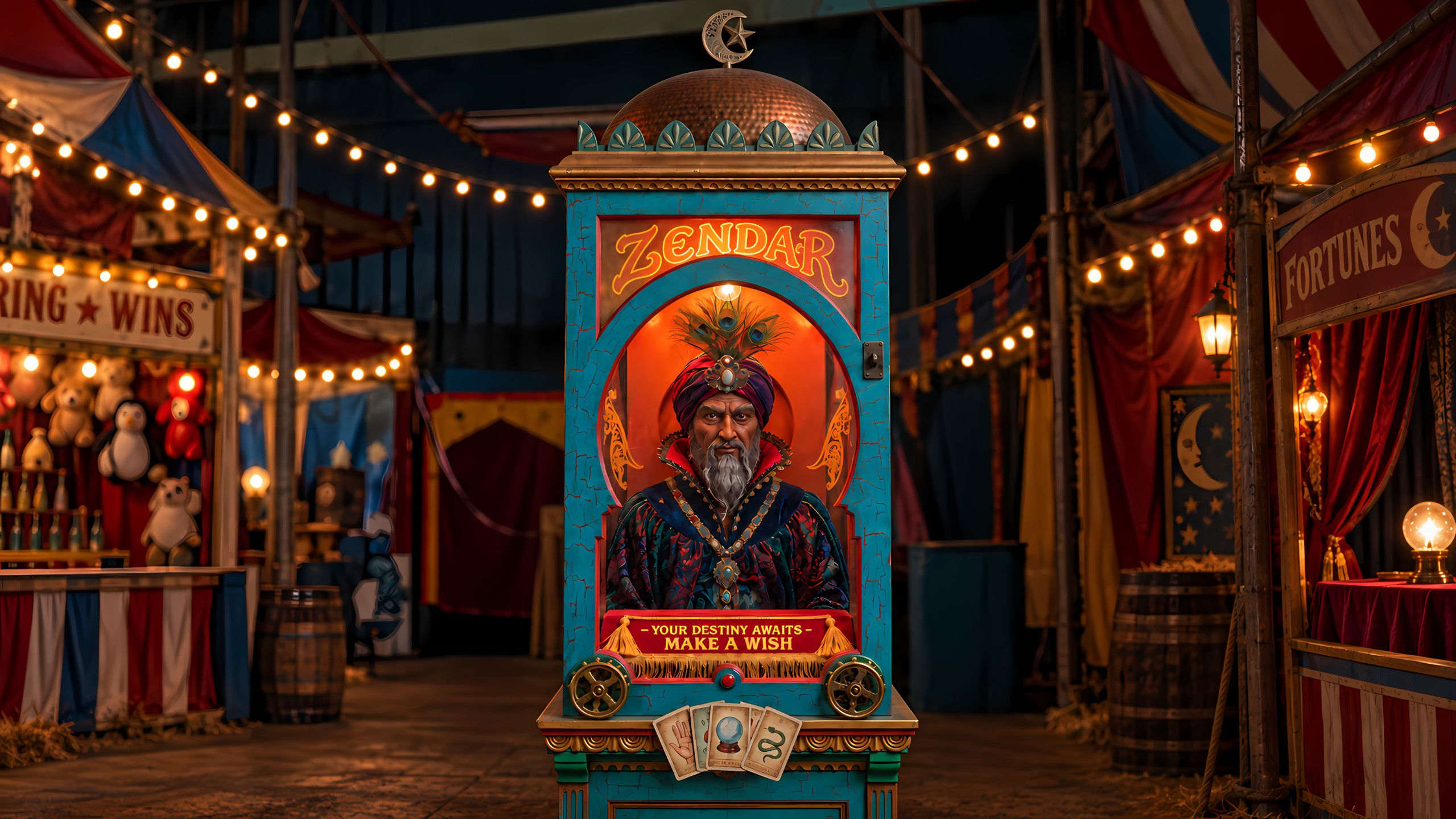 Zendar the Coin-Operated fortune teller machine at a nighttime carnival